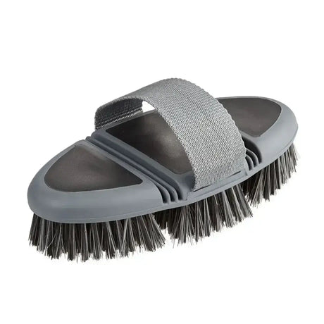 Gray plastic two tone body brush with black bristles and gray adjustable strap rubber grip contour brush