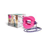 Bizzy ball complete pink plastic horse hoof trimmer with purple handle and braided purple and gray leash, multi-functional horse toy
