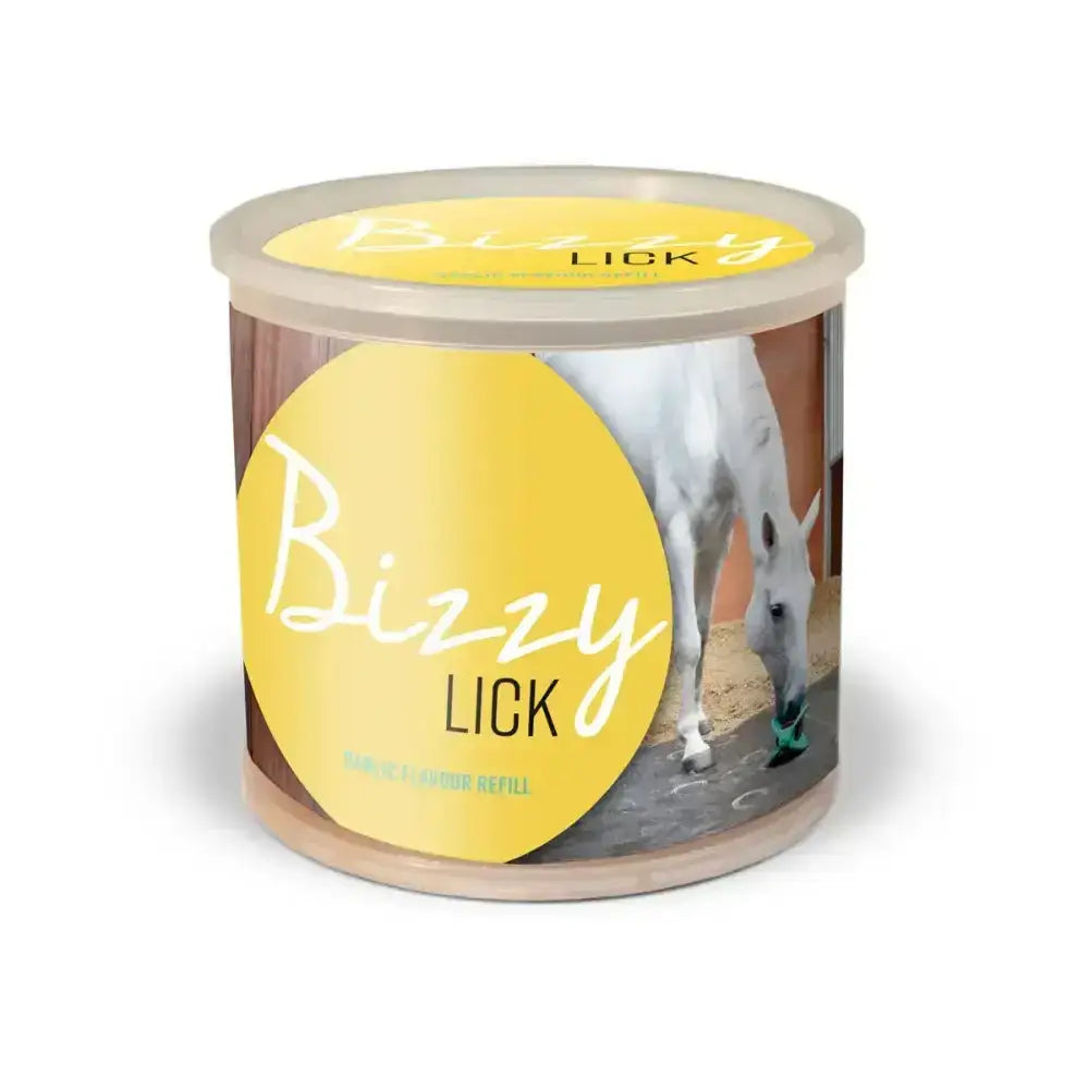 Yellow cylindrical container of bizzy lick refills with clear lid and white horse label for bizzy ball toy horse licks