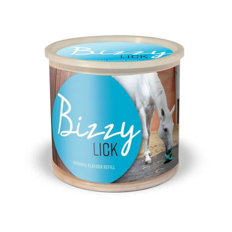 A cylindrical bizzy lick refills container with a light blue label showing a white horse licking its nose for horse licks