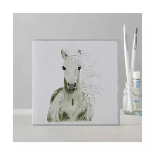 A square white-framed black opal watercolour painting of a dappled gray opal watercolour horse individually cello wrapped