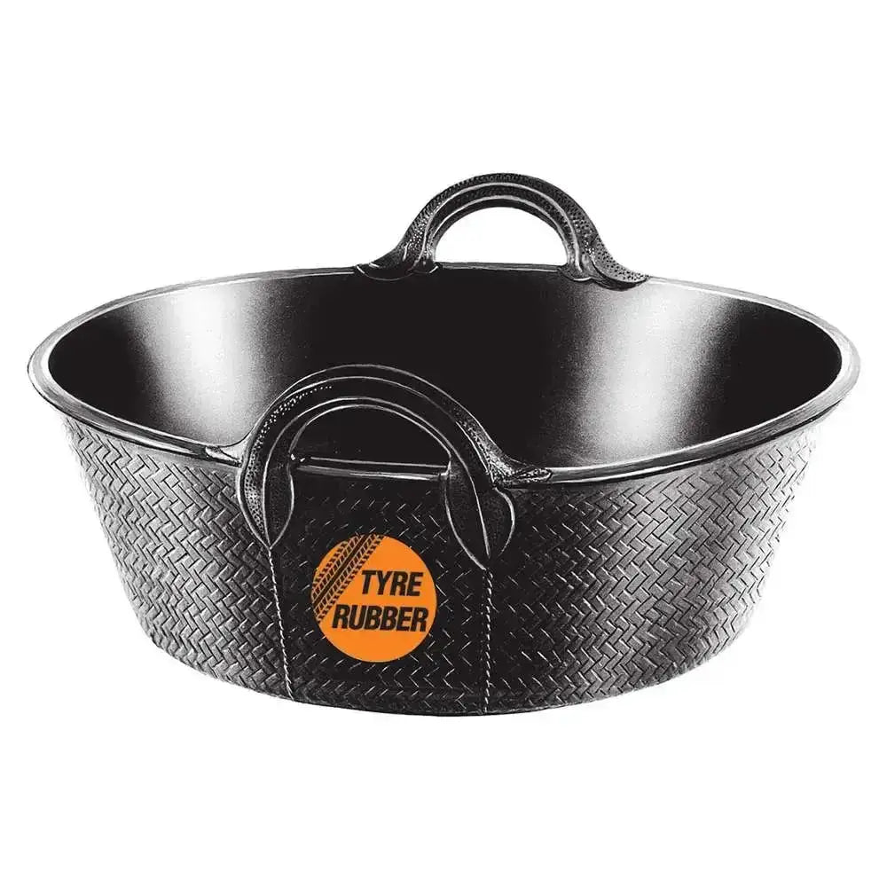 Black rubber skip utility basket made of woven tyre rubber with two handles and sunlight proof design