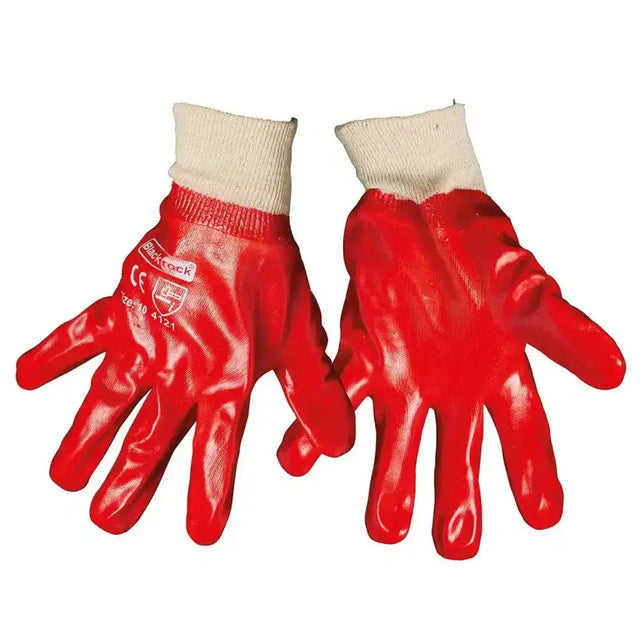 Red blackrock general pvc knitwrist gloves showing the back with cream knit cuff and blackrock logo on rubber coating