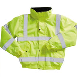 Bright yellow blackrock hi-vis bomber jacket adult with reflective silver stripes and black button closures