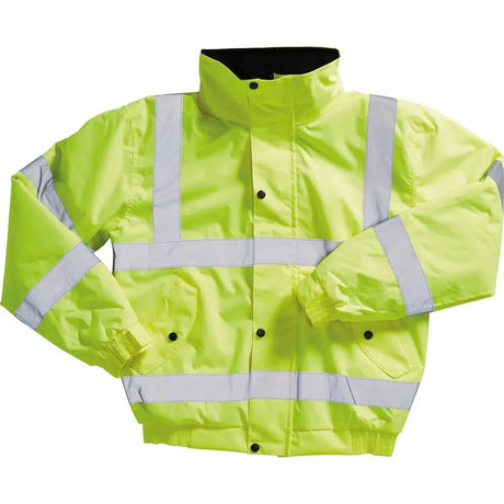Bright yellow blackrock hi-vis bomber jacket adult with reflective silver stripes and black button closures
