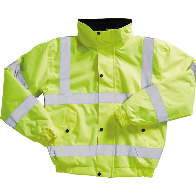 Bright yellow blackrock hi-vis bomber jacket adult with reflective silver stripes and black button closures