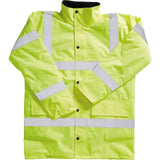 Bright yellow blackrock hi-vis coat adult with reflective white stripes black buttons and durable 300d fabric