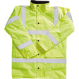 High-visibility lime green blackrock hi-vis coat adult with reflective stripes and black buttons in 300d fabric