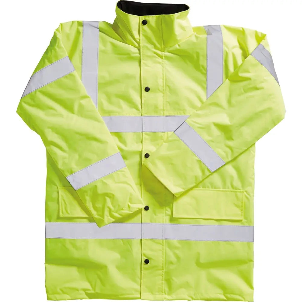 High-visibility lime green blackrock hi-vis coat adult with reflective stripes and black buttons in 300d fabric