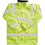 High-visibility lime green blackrock hi-vis coat adult with reflective stripes and black buttons in 300d fabric