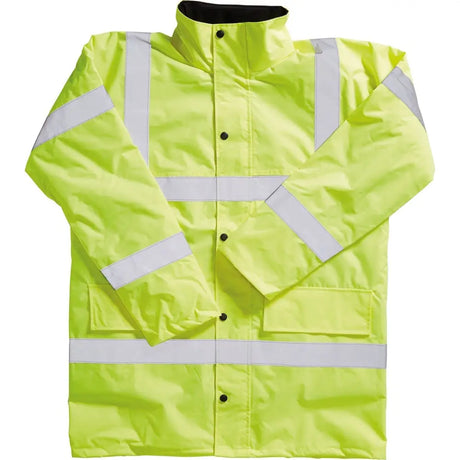 High-visibility lime green blackrock hi-vis coat adult with reflective stripes and black buttons in 300d fabric