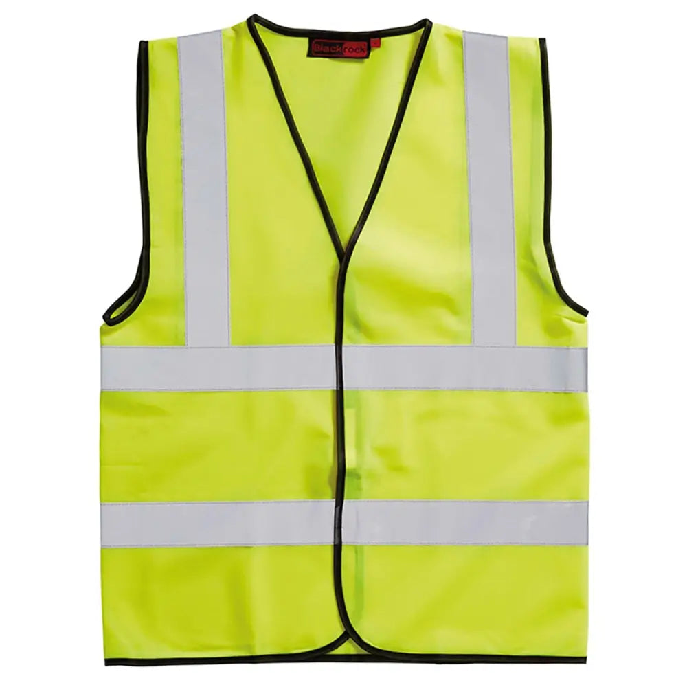 Bright yellow blackrock hi-vis waistcoat sleeveless adult with reflective silver stripes and black trim for safety use