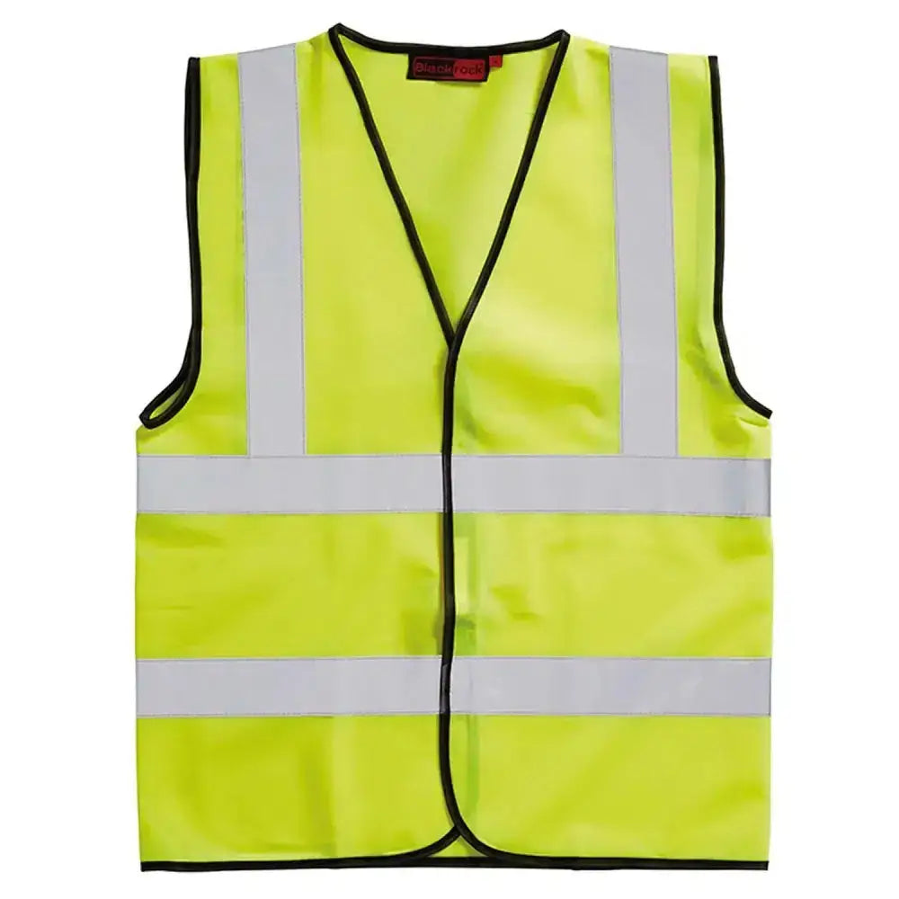 Bright yellow blackrock hi-vis waistcoat sleeveless adult with reflective silver stripes and black trim for safety