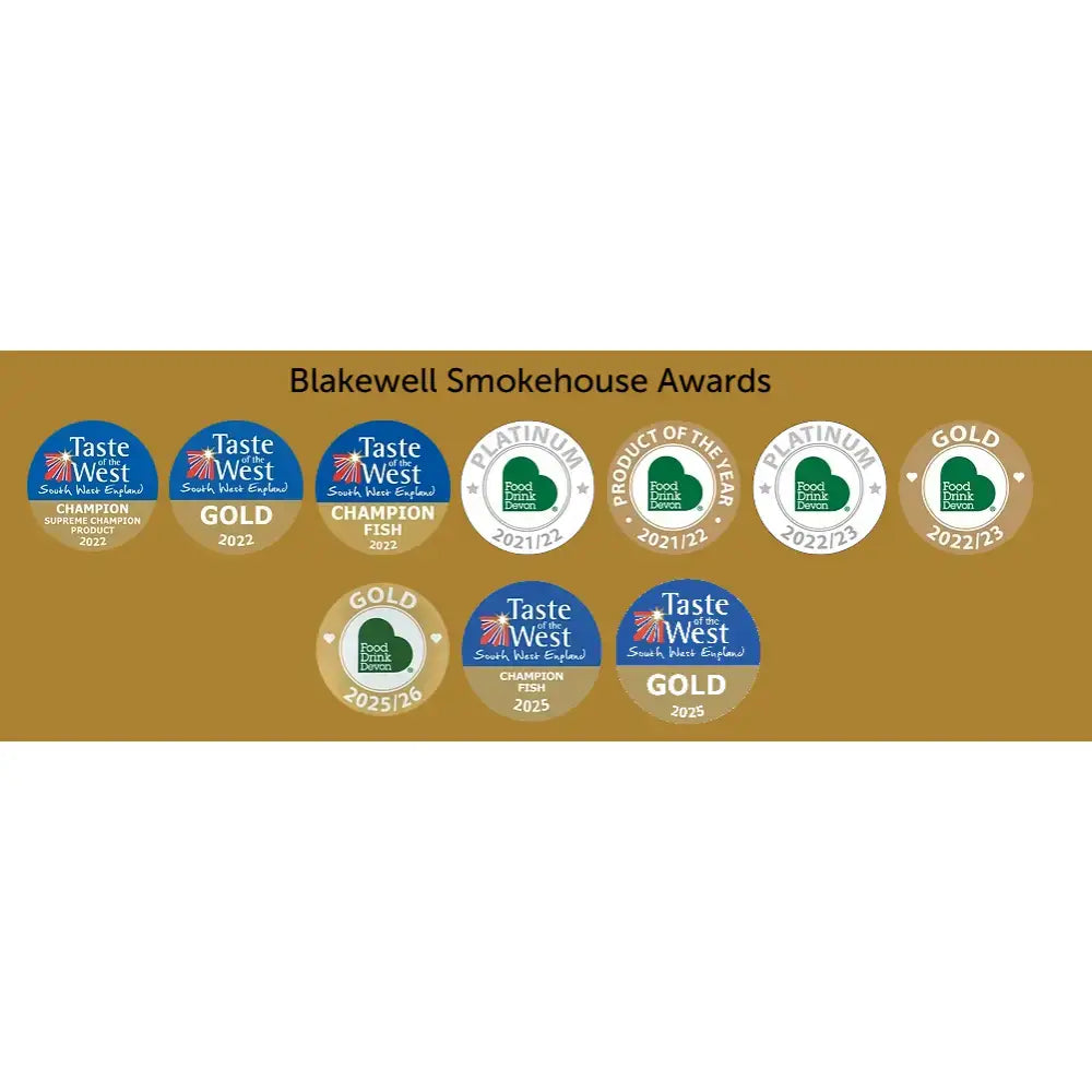 A collection of blue and gold award seals for blakewell smokehouse superior cold smoked salmon featuring taste of the west logos
