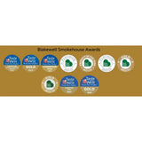A collection of blue and gold award seals for blakewell smokehouse superior cold smoked salmon featuring taste of the west logos