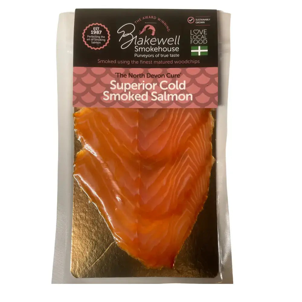 Blakewell smokehouse superior cold smoked salmon kiln smoked with vibrant orange pink flesh and white marbling in clear wrap