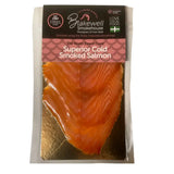 Blakewell smokehouse superior cold smoked salmon kiln smoked with vibrant orange pink flesh and white marbling in clear wrap