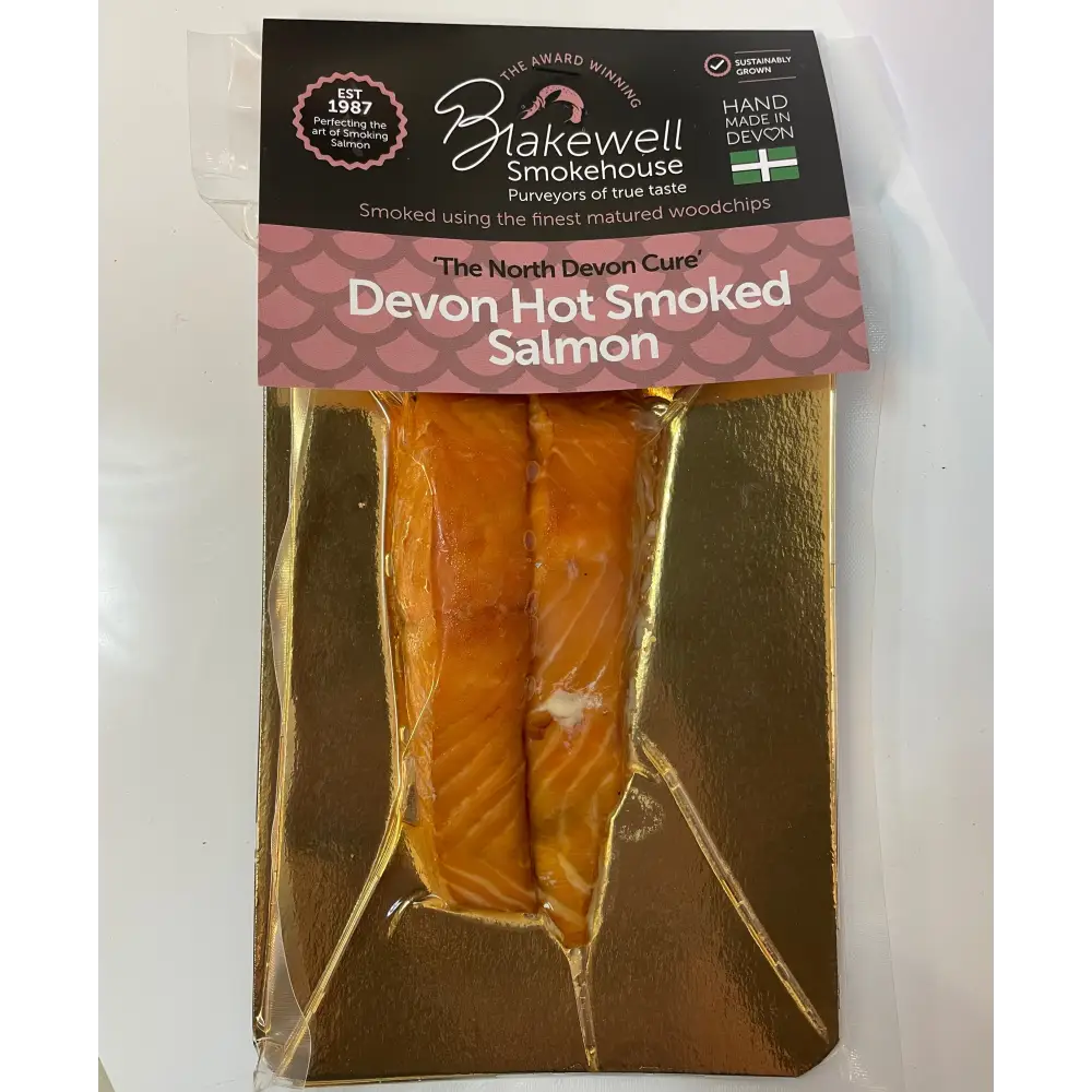 Blakewell smokehouse superior devon hot smoked salmon in vacuum-sealed gold foil pack with pink scalloped label