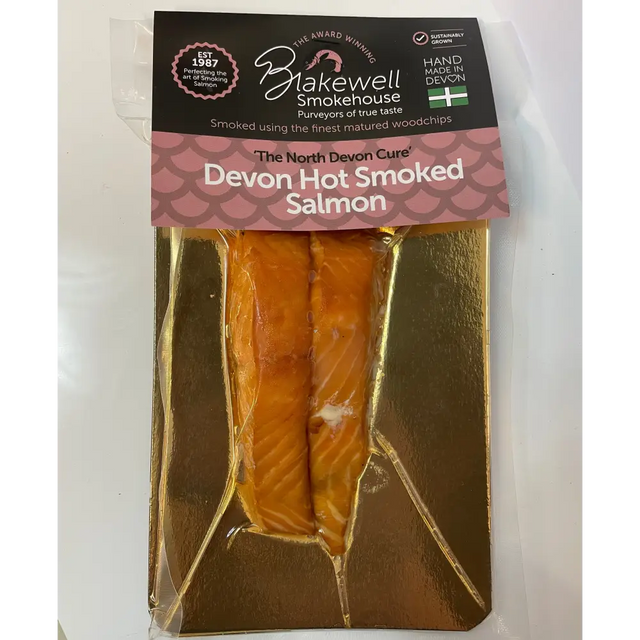 Blakewell smokehouse superior devon hot smoked salmon in vacuum-sealed gold foil pack with pink scalloped label