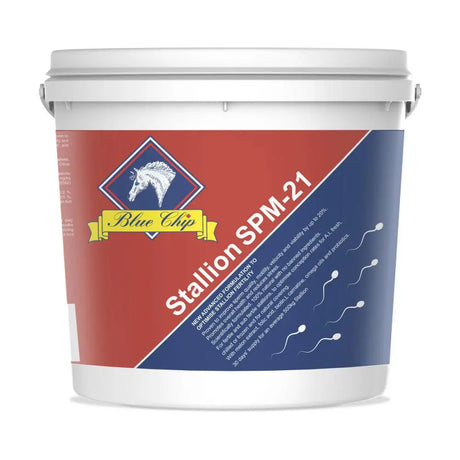 White plastic bucket with blue chip stallion spm-21 label for stallion ai services and chip stallion spm-21 product branding