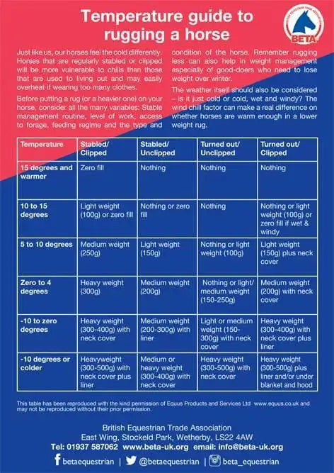 Blue and white temperature guide to rugging a horse, featuring detailed recommendations for different weather conditions.