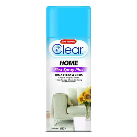 Bob martin clear home flea spray plus 500ml aerosol can with bright blue cap and triple action home formula