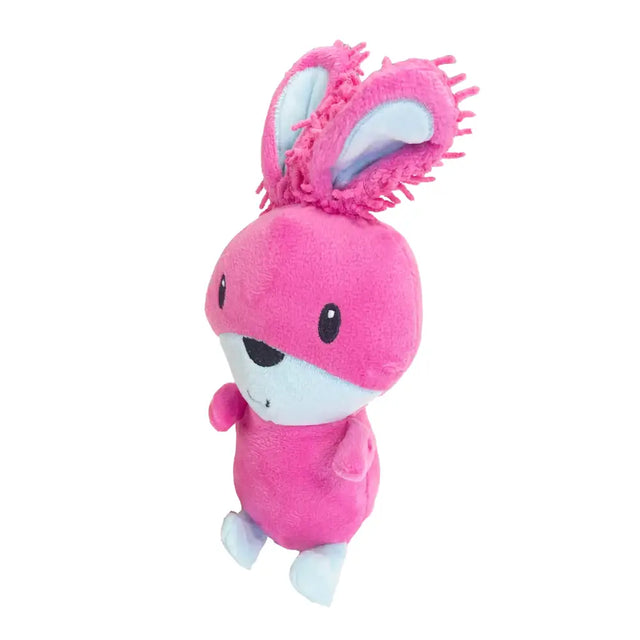 A soft pink bobbletops bunny dog toy with fringed ears and white accents on face paws and inner ears