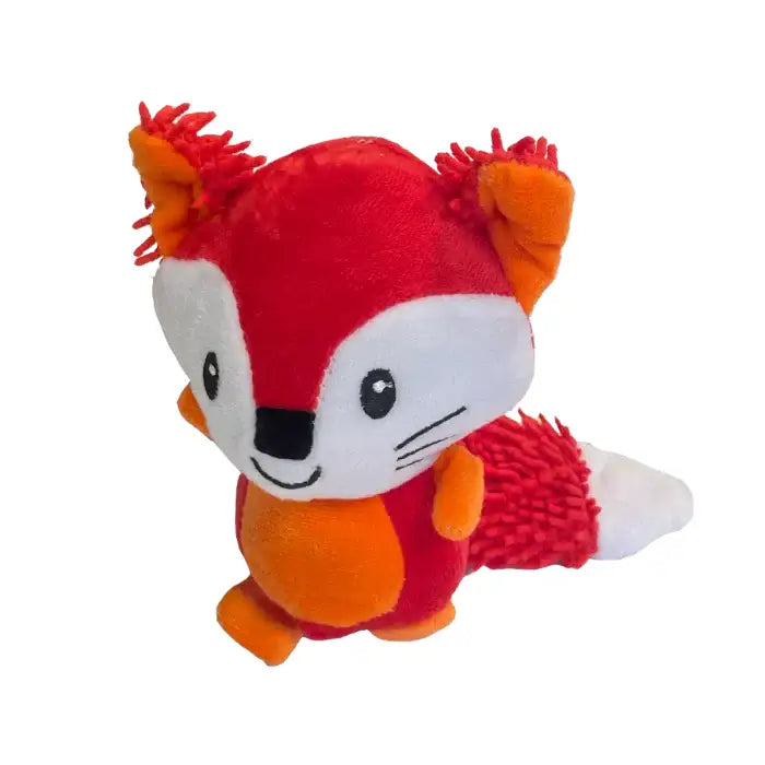 A bobbletops foxy soft dog toy with plush red and orange fox design white face and textured tail