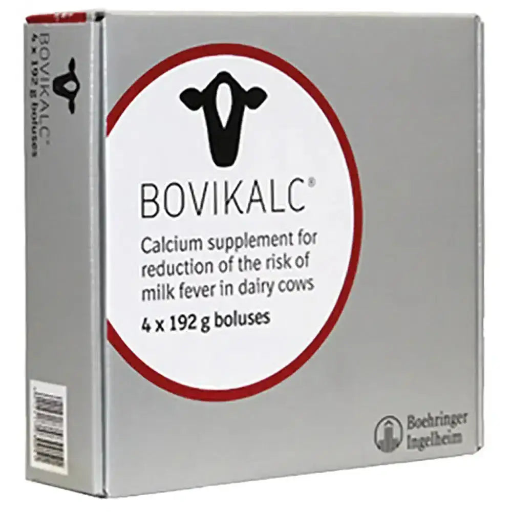 Silver rectangular box of boehringer ingelheim bovikalc calcium supplement for dairy cows with black cow logo and red border