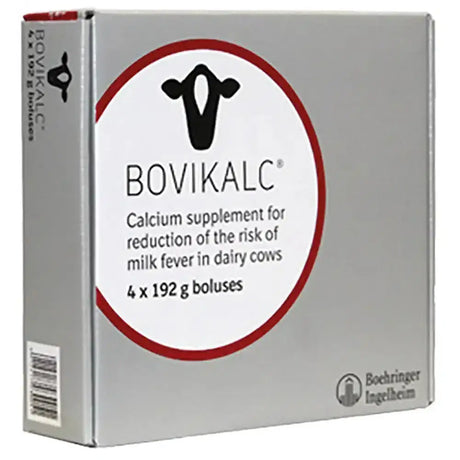 Silver rectangular box of boehringer ingelheim bovikalc calcium supplement for dairy cows with black cow logo and red border