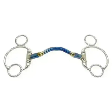 Silver bombers bits eggbutt horse bit with loose ring happy tongue and blue gold curved decorative center