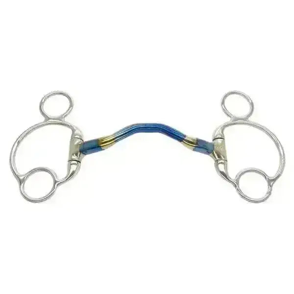 Silver bombers bits eggbutt horse bit with loose ring happy tongue and blue gold curved decorative center