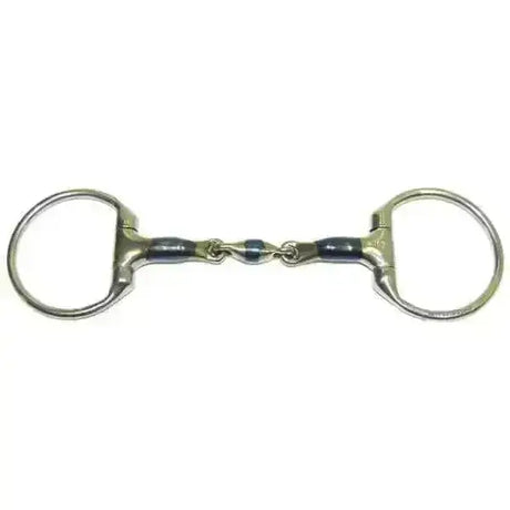 Silver bombers bits eggbutt elliptical lock up with dark blue enamel accents on horsebit rings and central joint