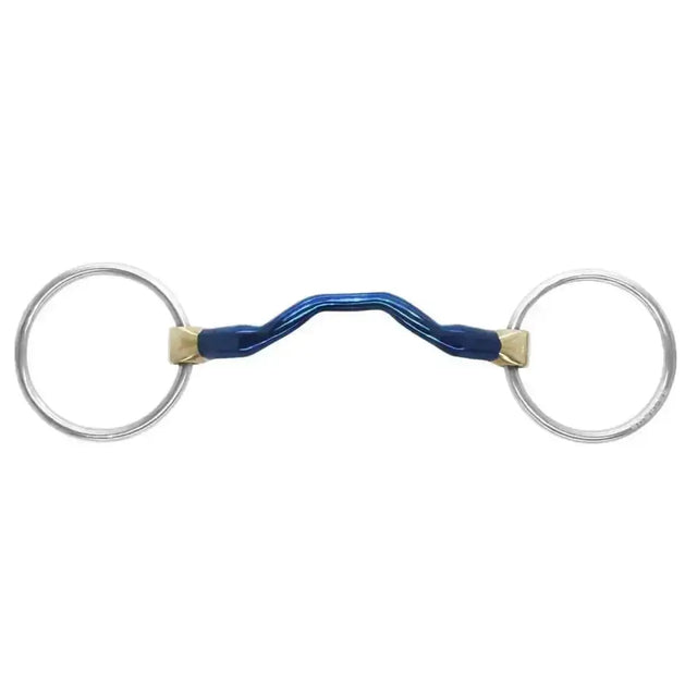 Blue and gold bombers bits loose ring with silver rings featuring a happy tongue design for riding use