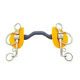 Bright orange rubber covered pelham horse bit with silver metal hardware and dark gray bar from bits bombers blue line