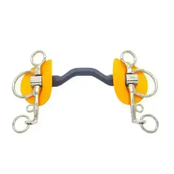 Bright orange rubber covered pelham horse bit with silver metal hardware and dark gray bar from bits bombers blue line
