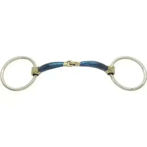 Blue braided bombers bits comfy snaffle bradoon with silver metal rings and gold-toned hardware for riding
