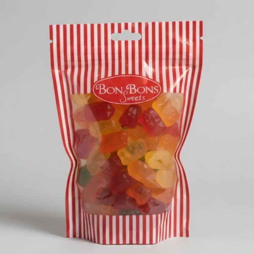 A red and white striped resealable bag of bon bon sweets pouches filled with colorful gummy bears and sugar coatings