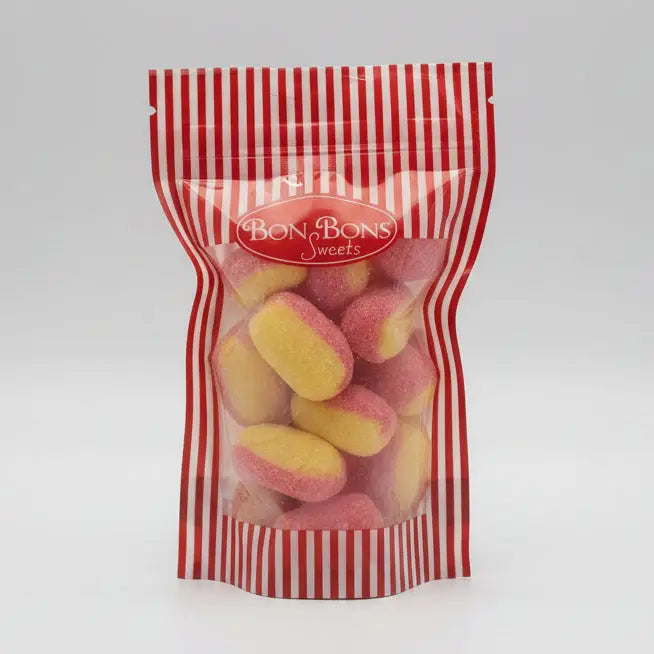 A red and white striped resealable bon sweets pouch filled with pink and yellow sugar coating bon bon sweets