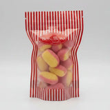 A red and white striped resealable bon sweets pouch filled with pink and yellow sugar coating bon bon sweets