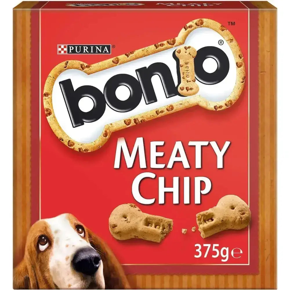 Purina bonio dog biscuit meaty chip 375g red box with delicious bone-shaped brownish-yellow meaty biscuits