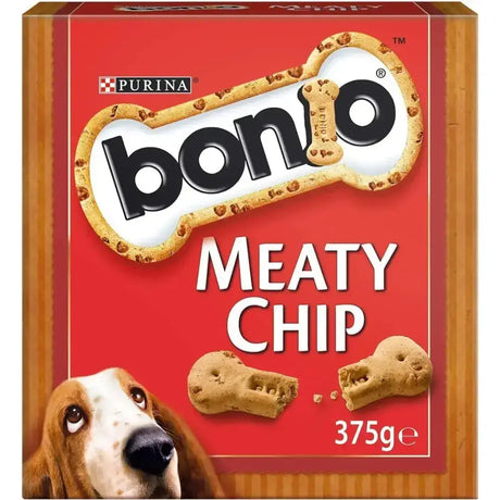 Purina bonio dog biscuit meaty chip 375g red box with delicious bone-shaped brownish-yellow meaty biscuits