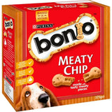 Red and white cardboard box of purina bonio dog biscuit meaty chip 375g with delicious bone-shaped meaty biscuits
