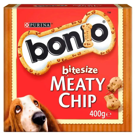 Red and beige bonio dog biscuit box of meaty chip bitesize treats featuring bone shaped logo and bold black brand name