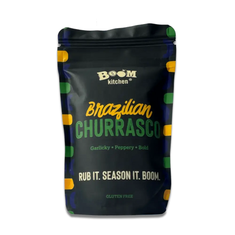 Boom kitchen brazilian churrasco meat rub seasoning packet with dark blue green and yellow design for grilling meat