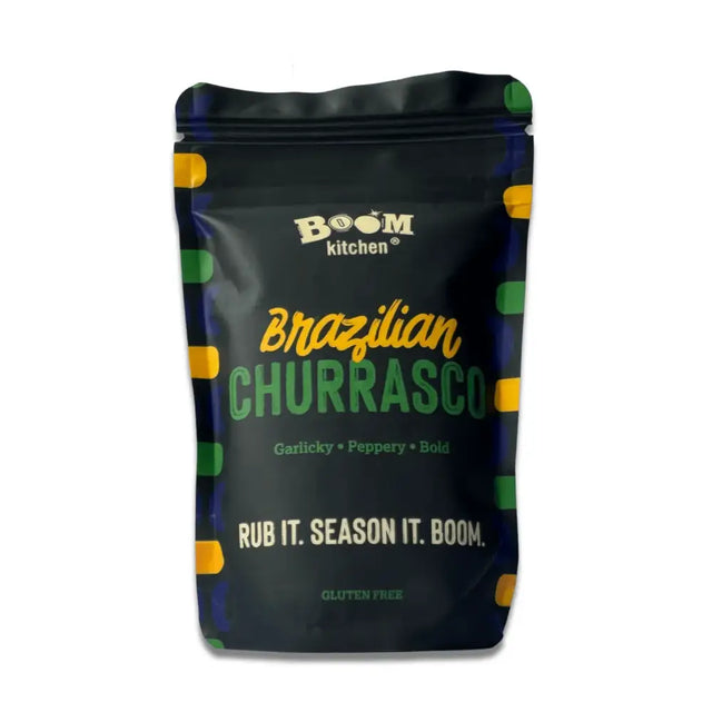 Boom kitchen brazilian churrasco meat rub seasoning packet with dark blue green and yellow design for grilling meat