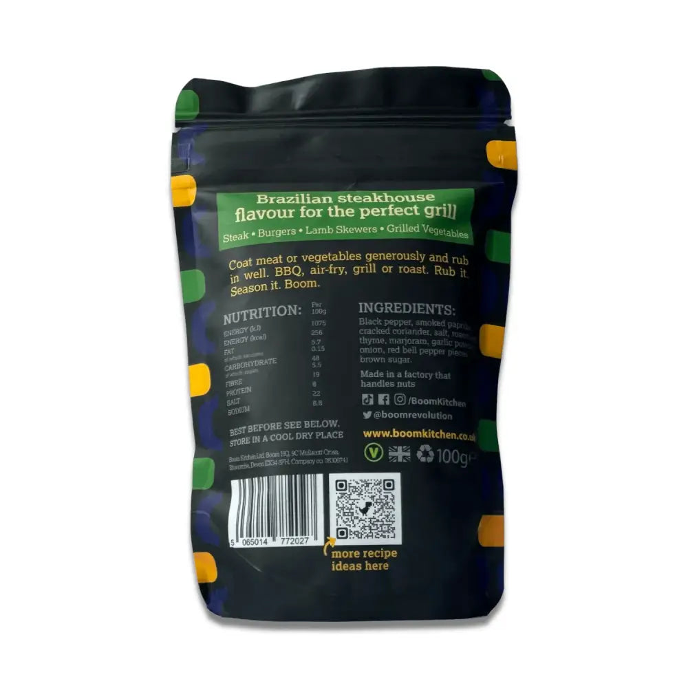 Dark blue resealable pouch with green and yellow accents boom kitchen brazilian churrasco meat rub for perfect grill
