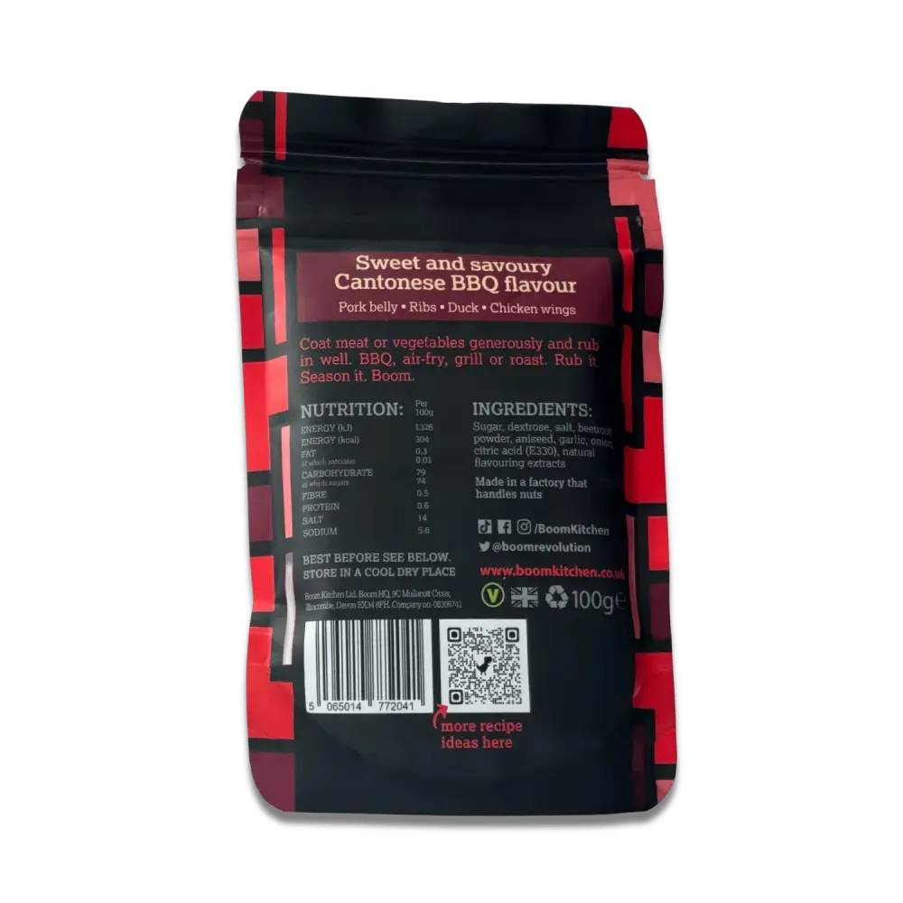 Black and red resealable pouch of boom kitchen hong kong char sui meat rub sweet and savoury cantonese bbq seasoning mix