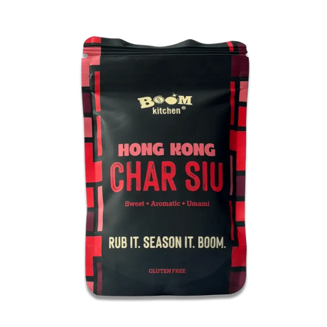 Black and red boom kitchen hong kong char siu seasoning package with bold text and geometric design for meat rub