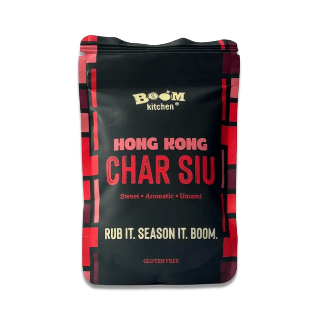 Black and red boom kitchen hong kong char siu seasoning package with bold text and geometric design for meat rub